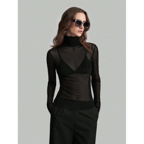 Damen Elegantes langärmliges transparentes Oberteil mit hohem Kragen Drune