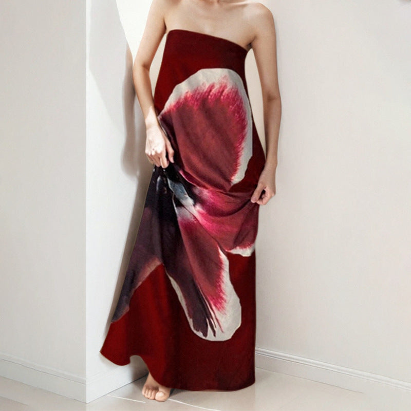 Damen Maxikleid mit schulterfreiem Design und floralen Akzenten Drune