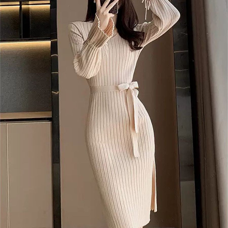 Damen Figurbetontes Maxikleid mit Bindegürtel und Rippstruktur Drune