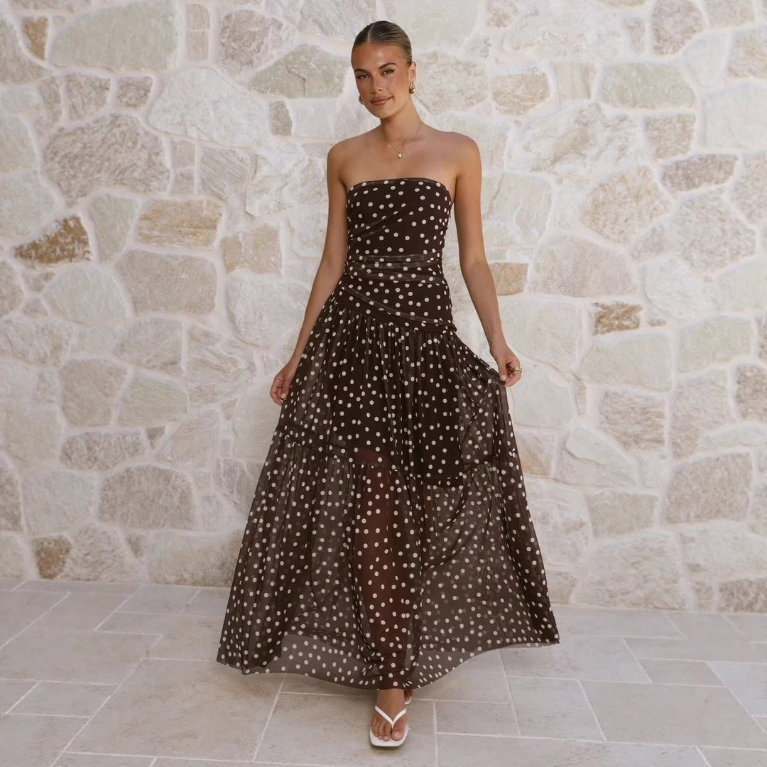 Damen Maxikleid mit schulterfreiem Schnitt und verspieltem Punktenmuster Drune
