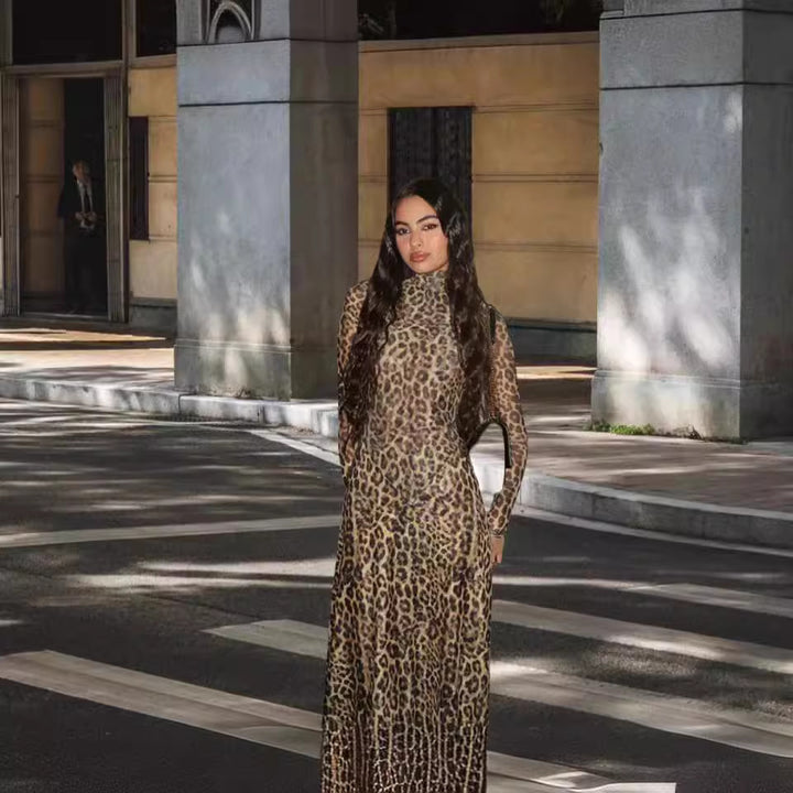 Damen Maxi-Kleid aus leichtem Stoff mit Leopardenmuster und hoher Passform Drune