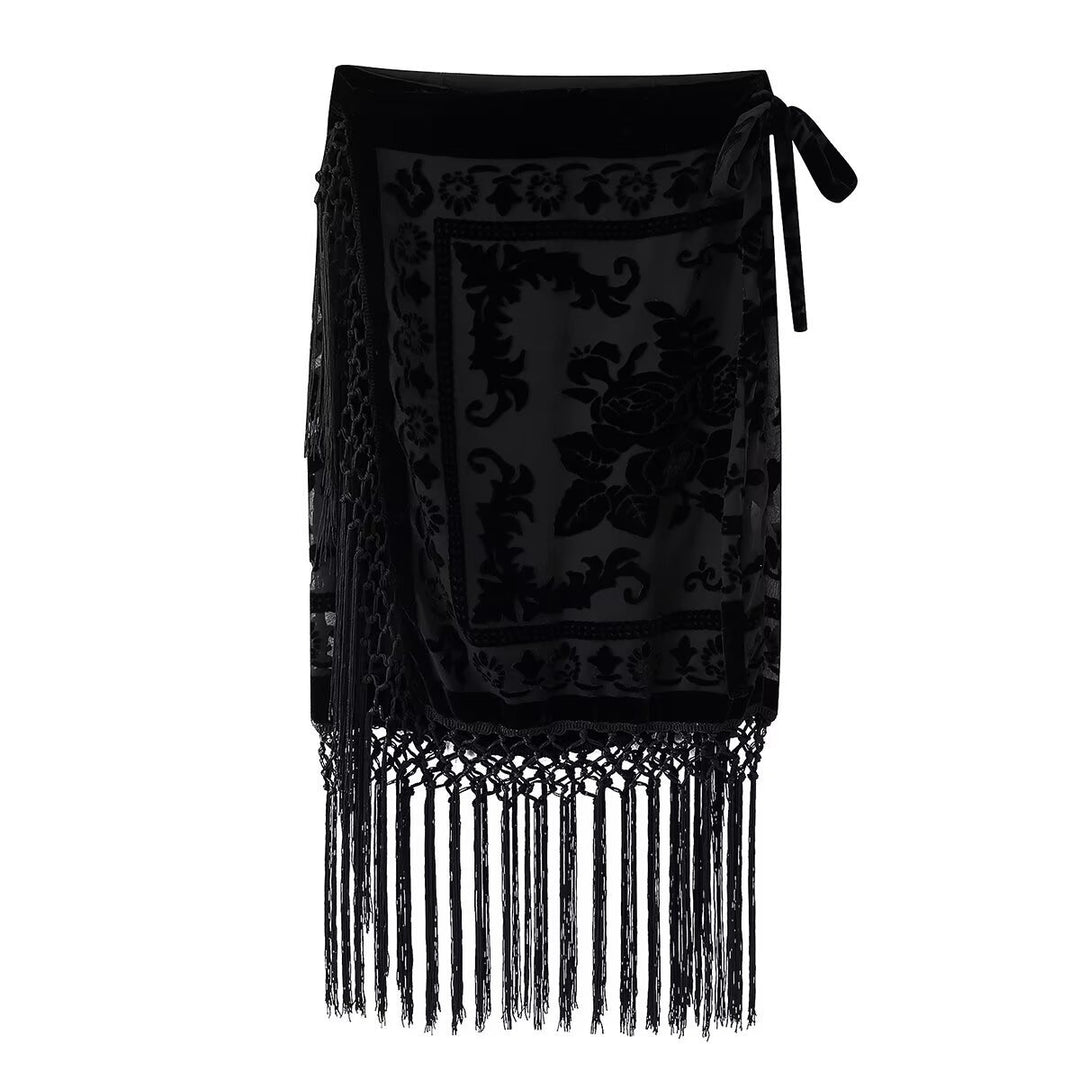 Damen eleganter Samtrock mit fransenverzierten Details und seitlichem Bindegürtel Drune