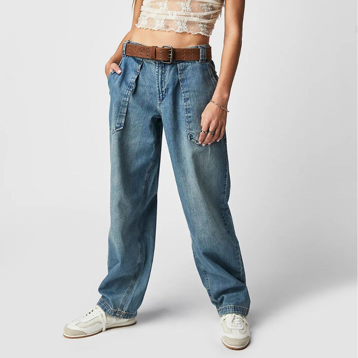 Damen nan weite High-Waist Baggy-Jeans mit tiefem Schritt, Five-Pocket Design und extra-langen Beinen Drune