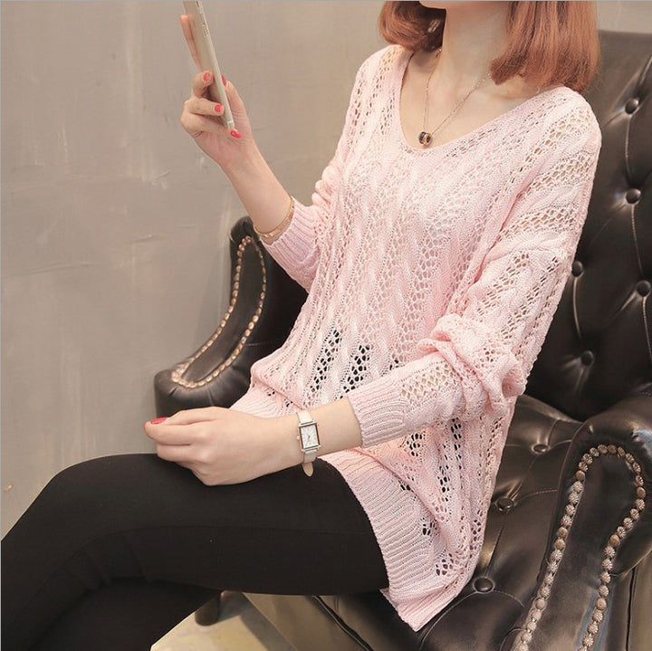Damen lässiger Strickpullover mit V-Ausschnitt und feiner Lochstruktur Drune