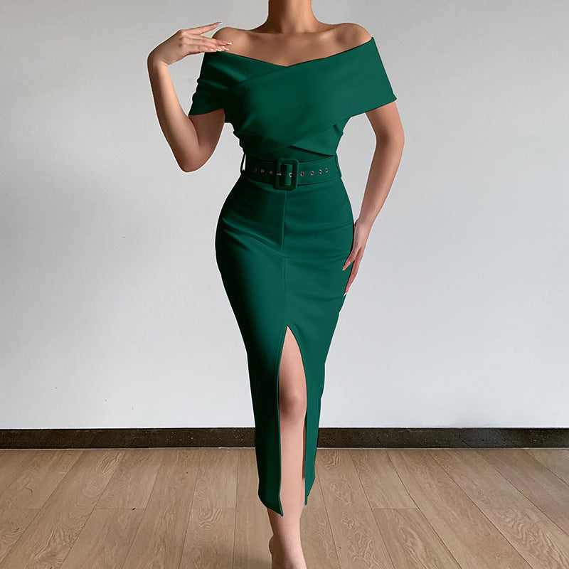Damen Off-Shoulder Maxikleid mit Taillengürtel und seitlichem Schlitz Drune