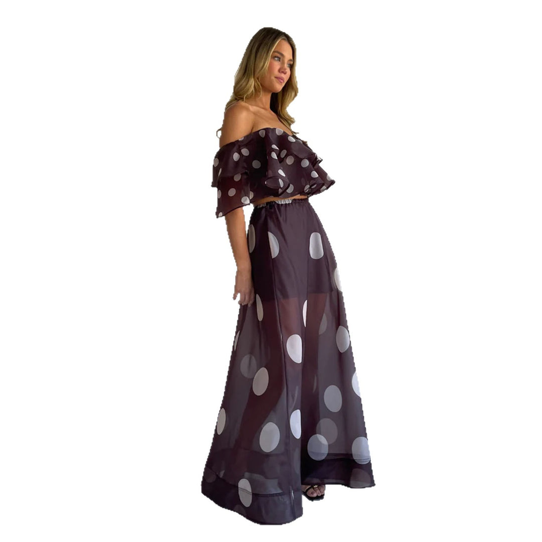Damen Maxirock Set mit Off-Shoulder Oberteil und verspieltem Volantdesign Drune
