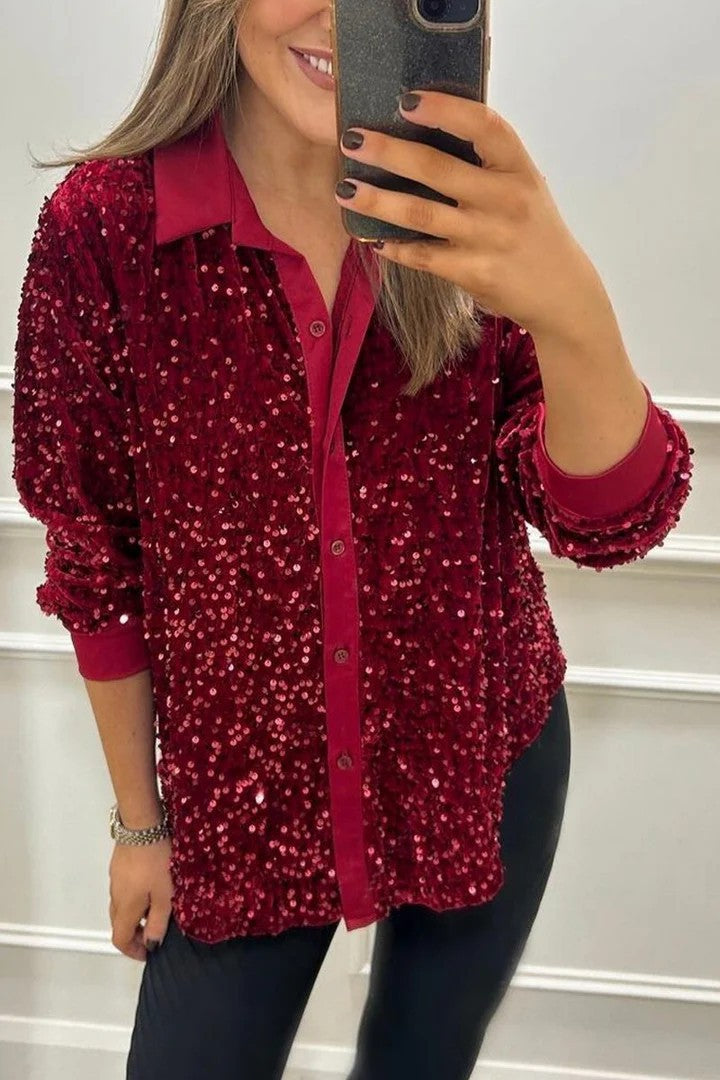 Damen Funkelnde Paillettenbluse mit klassischem Kragen Drune