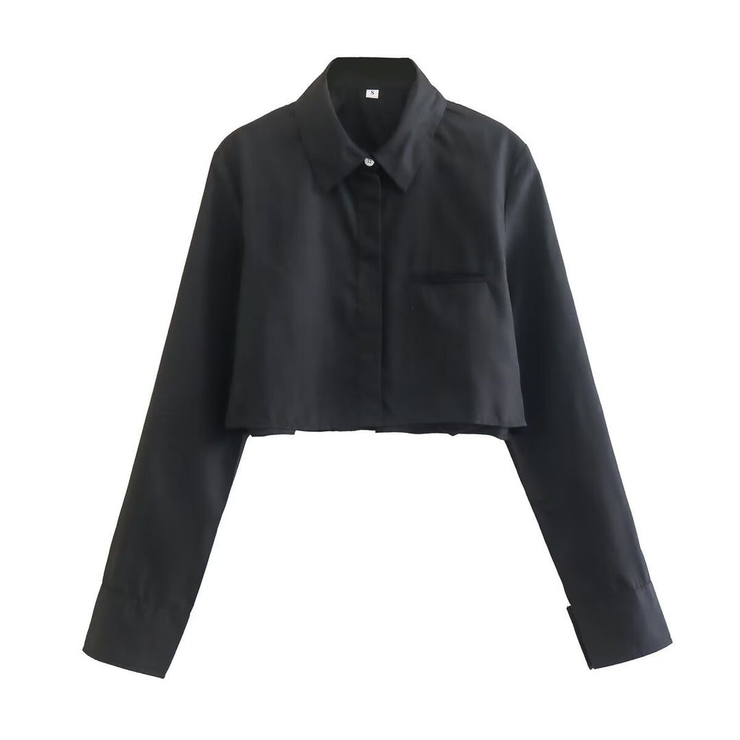 Damen cropped Bluse mit klassischem Kragen und praktischen Brusttaschen Drune
