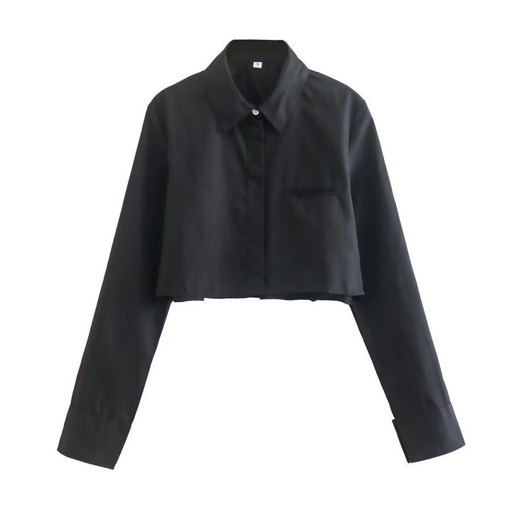 Damen cropped Bluse mit klassischem Kragen und praktischen Brusttaschen Drune