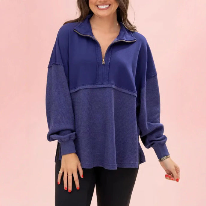 Damen lässiger Pullover mit halbem Reißverschluss und voluminösen Ärmeln Drune
