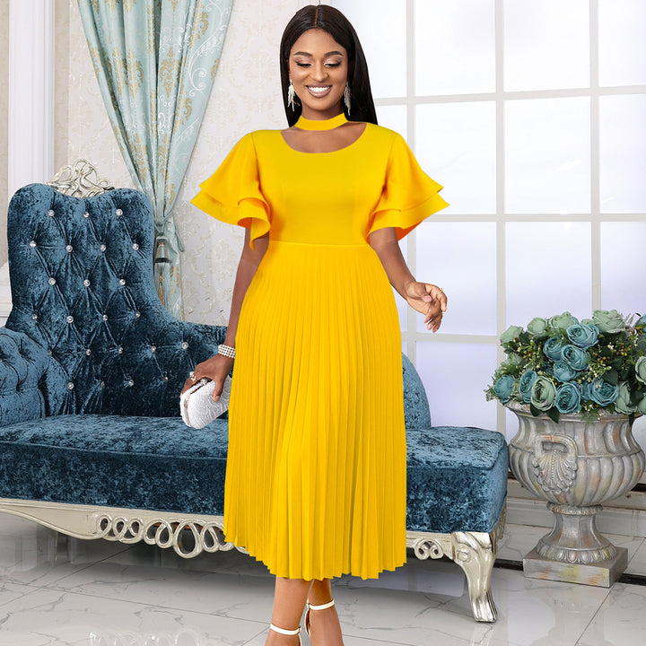 Damen Plissee Maxikleid mit Choker und voluminösen Ärmeln Drune