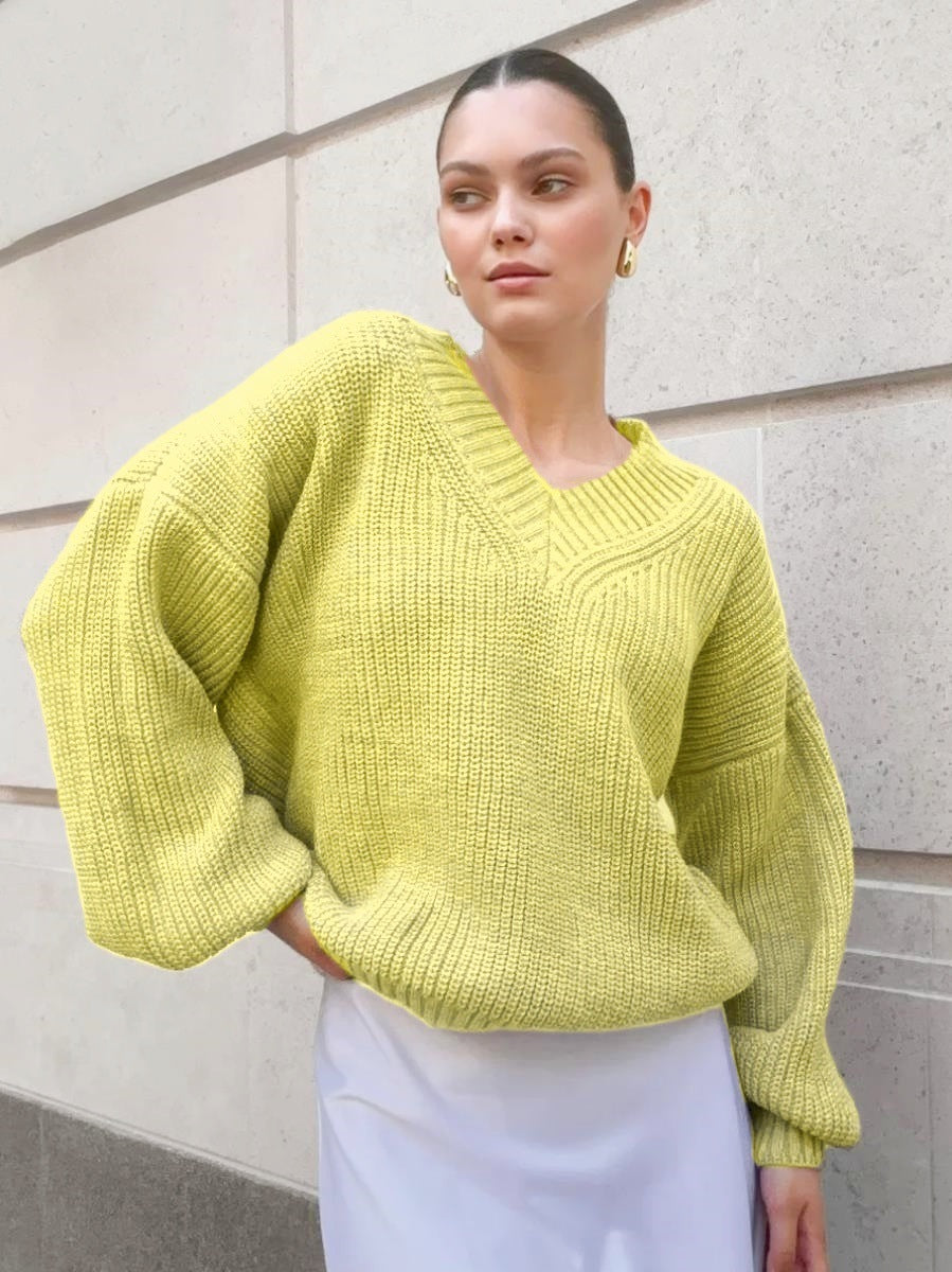 Damen V-Ausschnitt Strickpullover mit voluminösen Ärmeln und strukturierter Oberfläche Drune