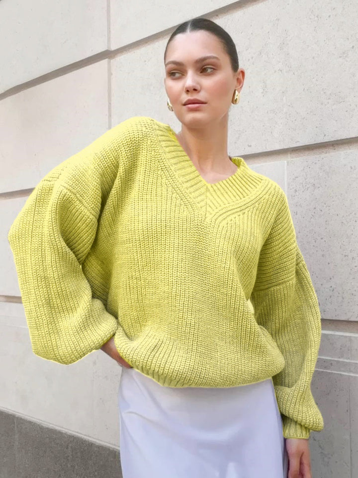 Damen V-Ausschnitt Strickpullover mit voluminösen Ärmeln und strukturierter Oberfläche Drune