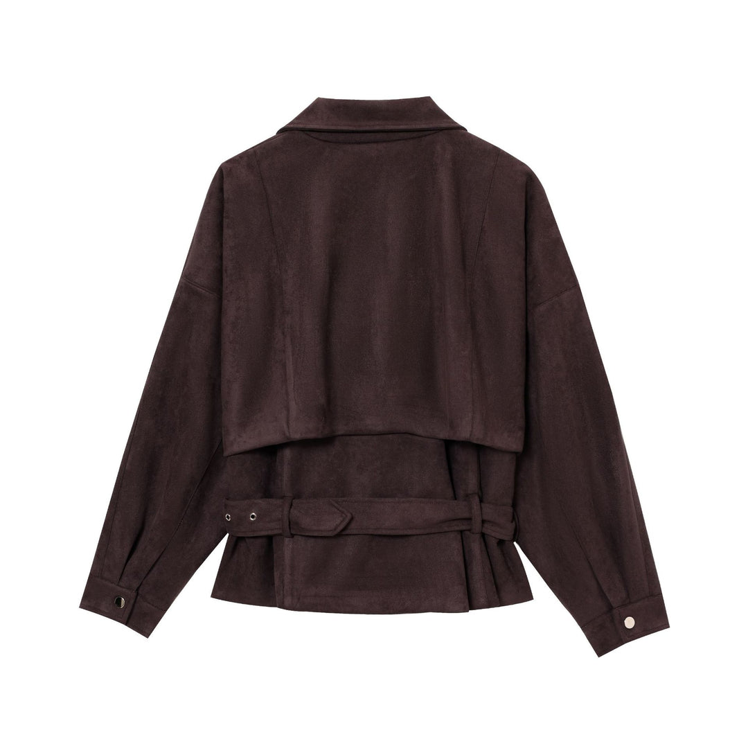 Damen elegante Wildlederjacke mit funktionalen Reißverschlüssen und Taillengürtel Drune