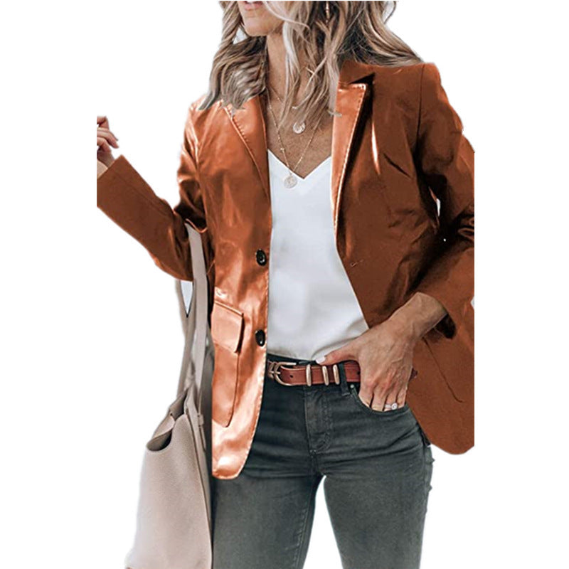 Damen Eleganter Blazer mit glänzender Oberfläche und praktischen Taschen Drune