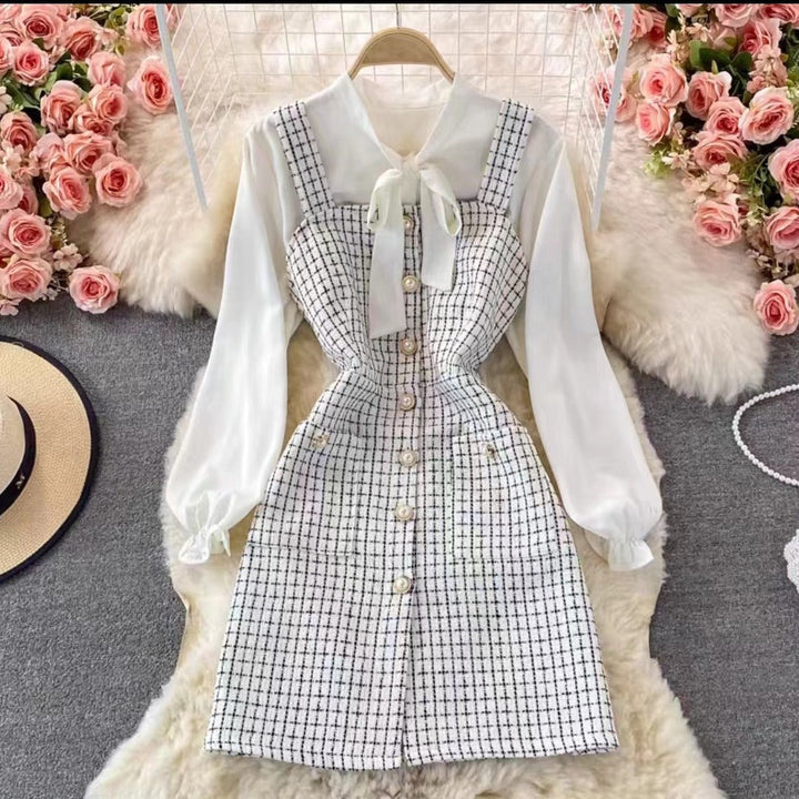 Drune | Satz mit Latzkleid Tweed A-Linie Bluse mit Schleife und Puffärmeln