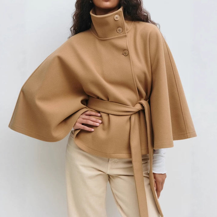 Damen nan weite Cape-Jacke mit Stehkragen, verdeckter Knopfleiste und Bindegürtel Drune
