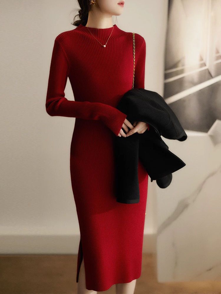 Damen Elegantes Strickkleid mit hochgeschlossenem Kragen und feinem Rippmuster Drune