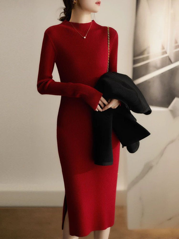 Damen Elegantes Strickkleid mit hochgeschlossenem Kragen und feinem Rippmuster Drune