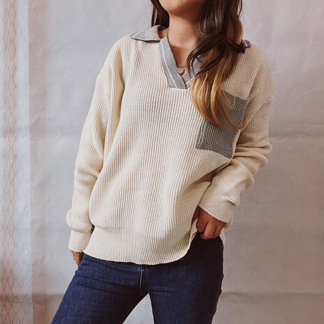 Damen lässiger V-Ausschnitt Pullover mit strukturiertem Rippdesign und kontrastierendem Kragen Drune