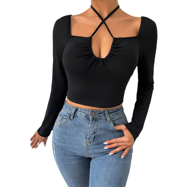 Damen Langarm-Crop-Top mit modischem Kreuzdesign und Raffung Drune
