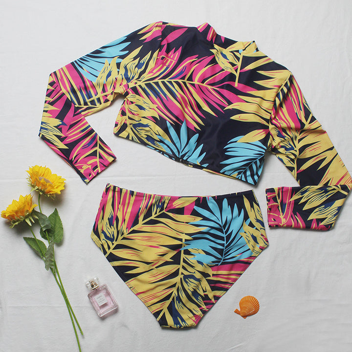 Damen Surf-Bikini-Set mit langärmligem Oberteil und buntem Palmendruck Drune