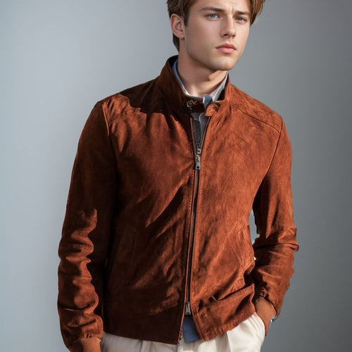 Herren hochwertige Wildlederjacke mit steigendem Kragen Drune