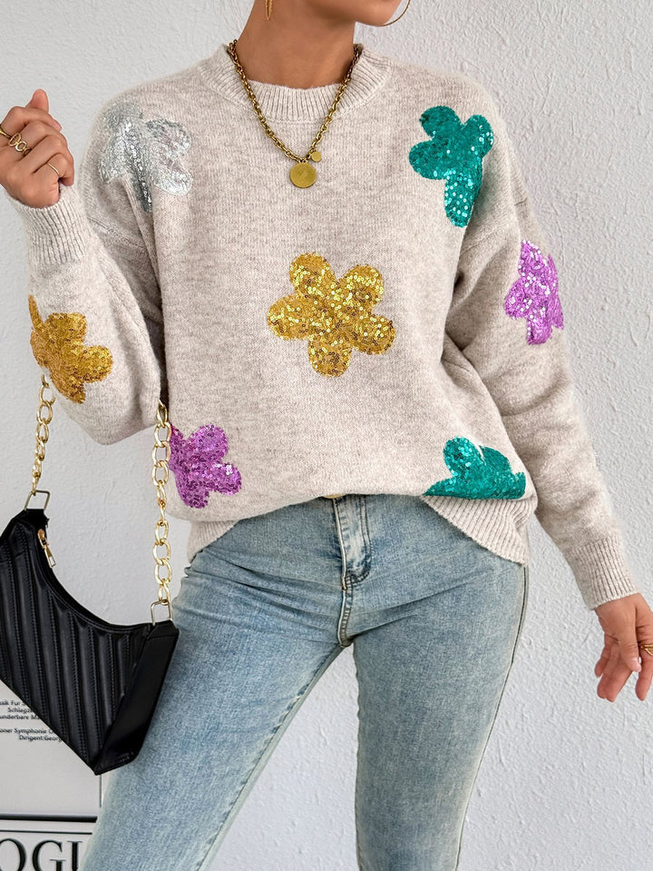 Damen glitzernder Oversized Pullover mit floralem Motiv Drune