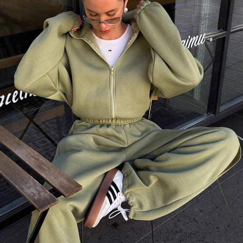 Damen lässiges Fleece-Set mit Reißverschluss und elastischem Bund Drune