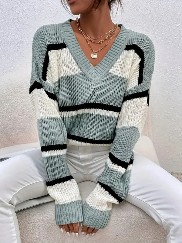 Damen modischer V-Ausschnitt Strickpullover mit breiten Streifen Drune