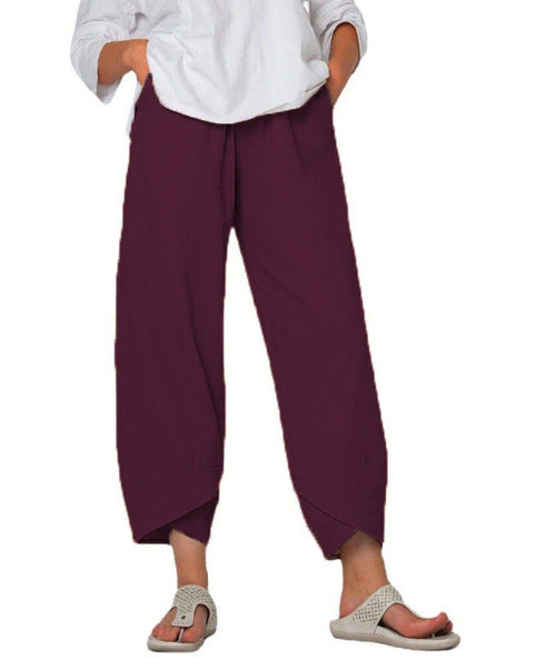 Damen nan lockere Leinenhose mit hohem Bund, Tulpen-Saum und seitlichen Eingrifftaschen Drune