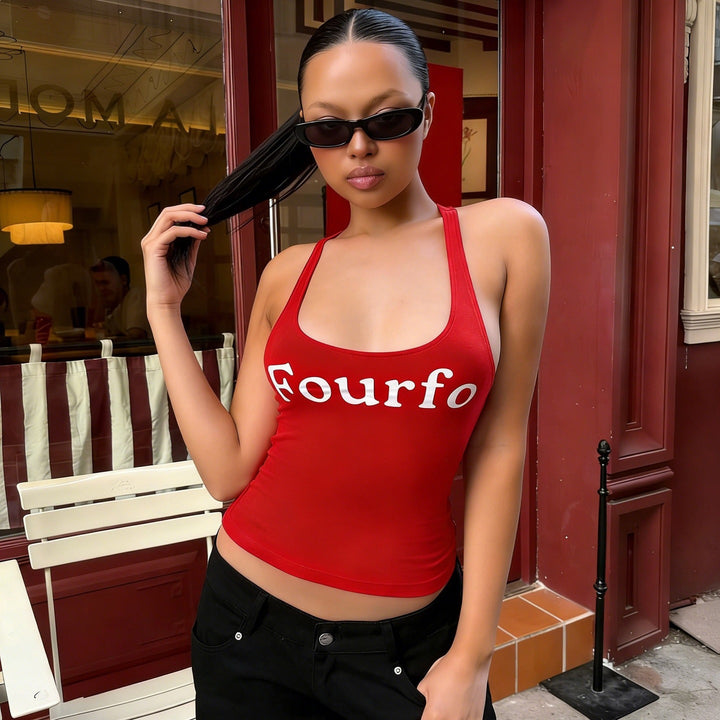 Damen Sportliches Crop-Top mit raffinierten Trägern und auffälligem Schriftzug Drune