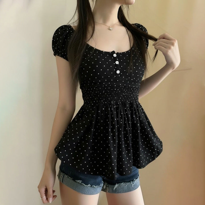 Damen Verspieltes Polka Dots Oberteil mit Rüschen und Knopfleiste Drune