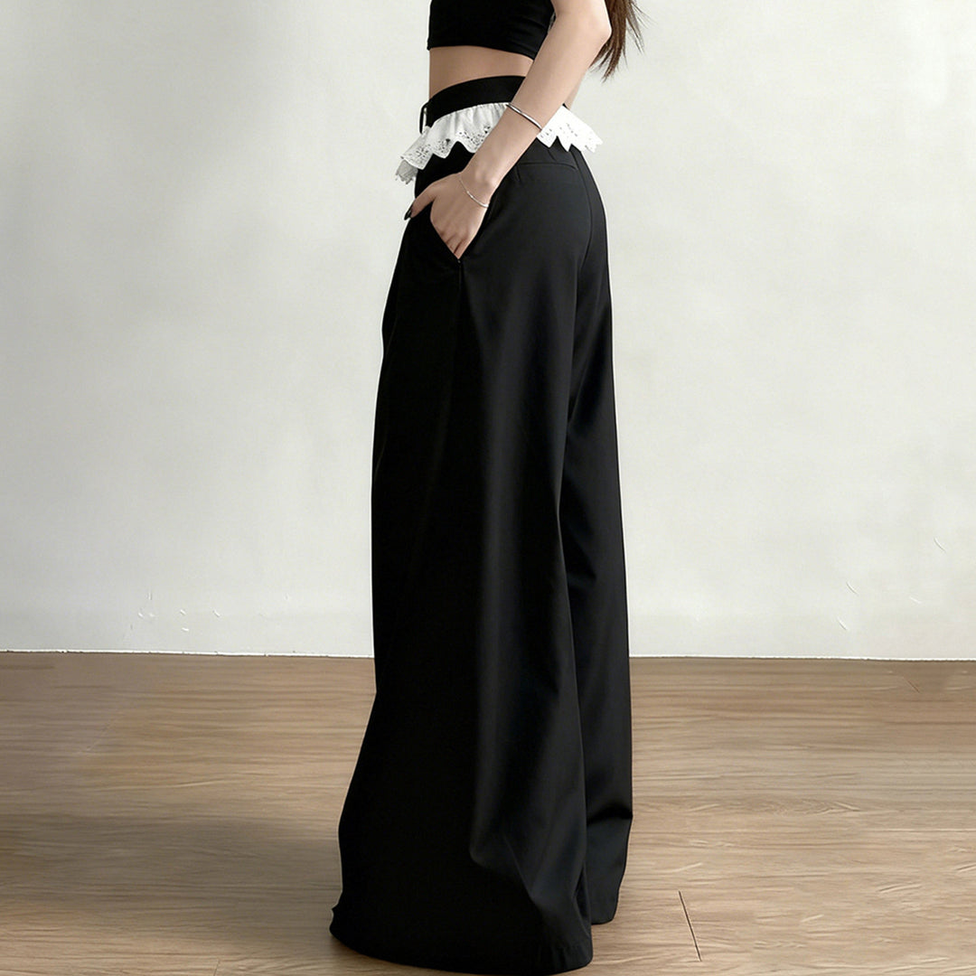 Damen Elegante weite High-Waist-Hose mit Spitzenbesatz Drune
