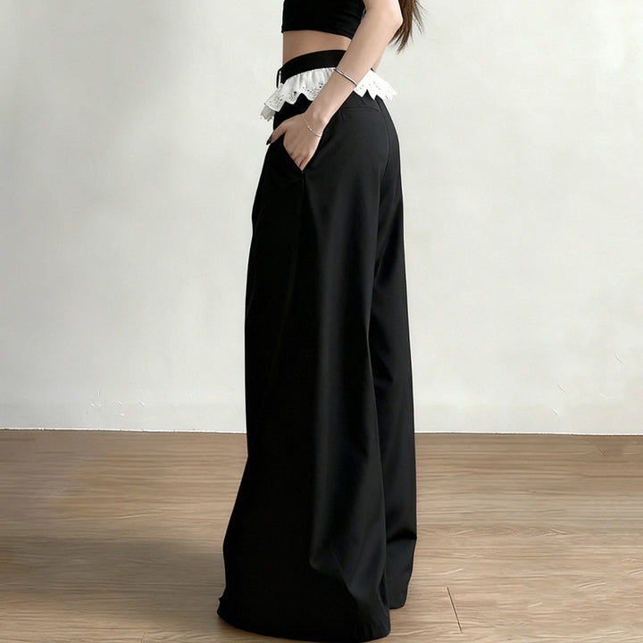 Damen Elegante weite High-Waist-Hose mit Spitzenbesatz Drune