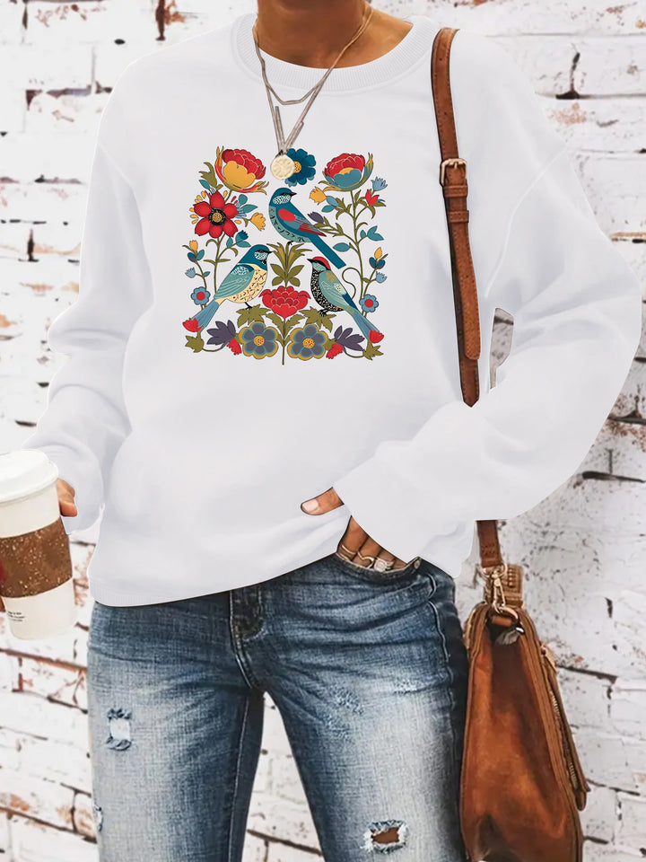 Damen Sweatshirt mit floralem Vogelmotiv und lässigem Schnitt Drune