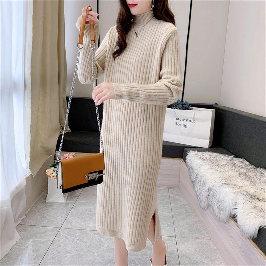 Damen Strickmaxikleid mit hohem Kragen und feiner Rippstruktur Drune