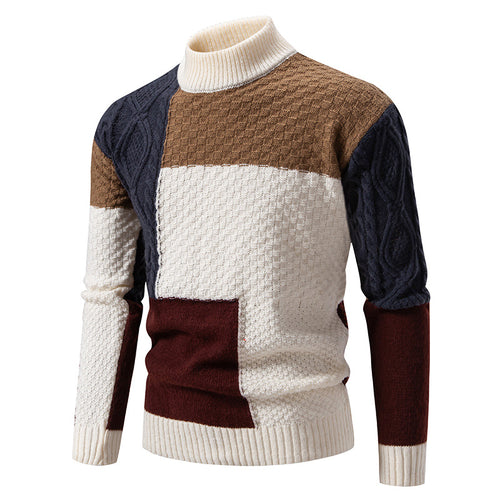 Herren nan strukturierter Patchwork-Strickpullover mit hohem Stehkragen und kombinierten Strickmustern Drune