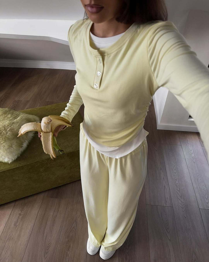 Damen bequeme Lounge-Hose und langärmliges Oberteil-Set Drune