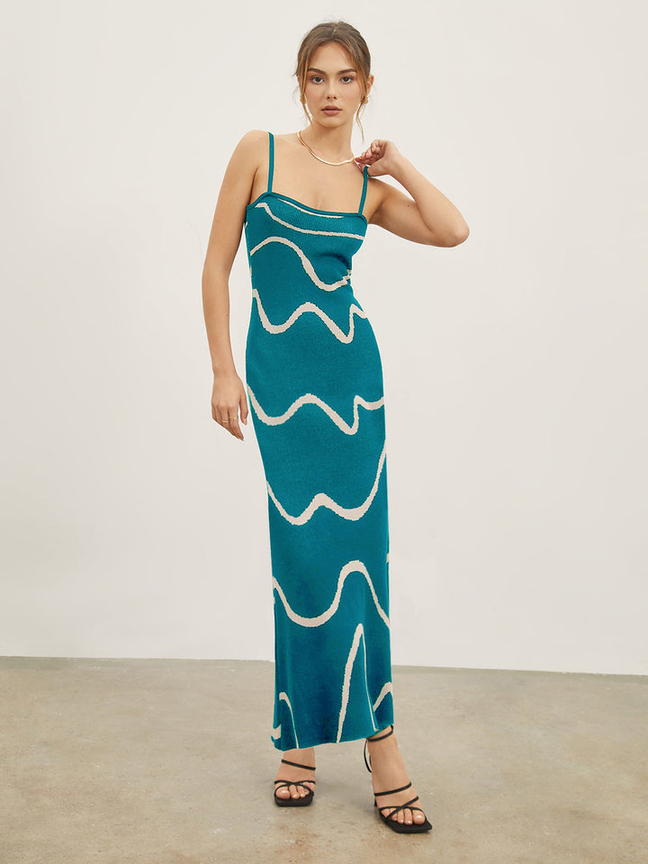 Damen Maxikleid mit modernem Wellenmuster und feinen Spaghettiträgern Drune