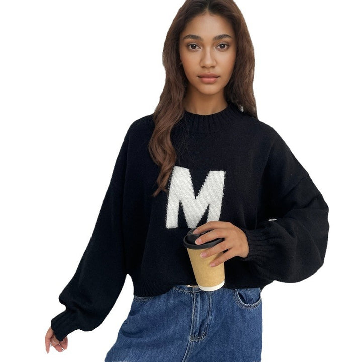 Damen Oversized Strickpullover mit einzigartigem Frontmotiv Drune