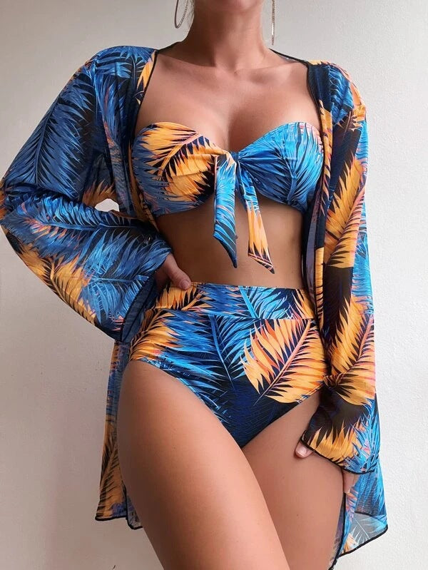 Damen Bandeau-Bikini mit floralem Design und passendem Kimono Drune