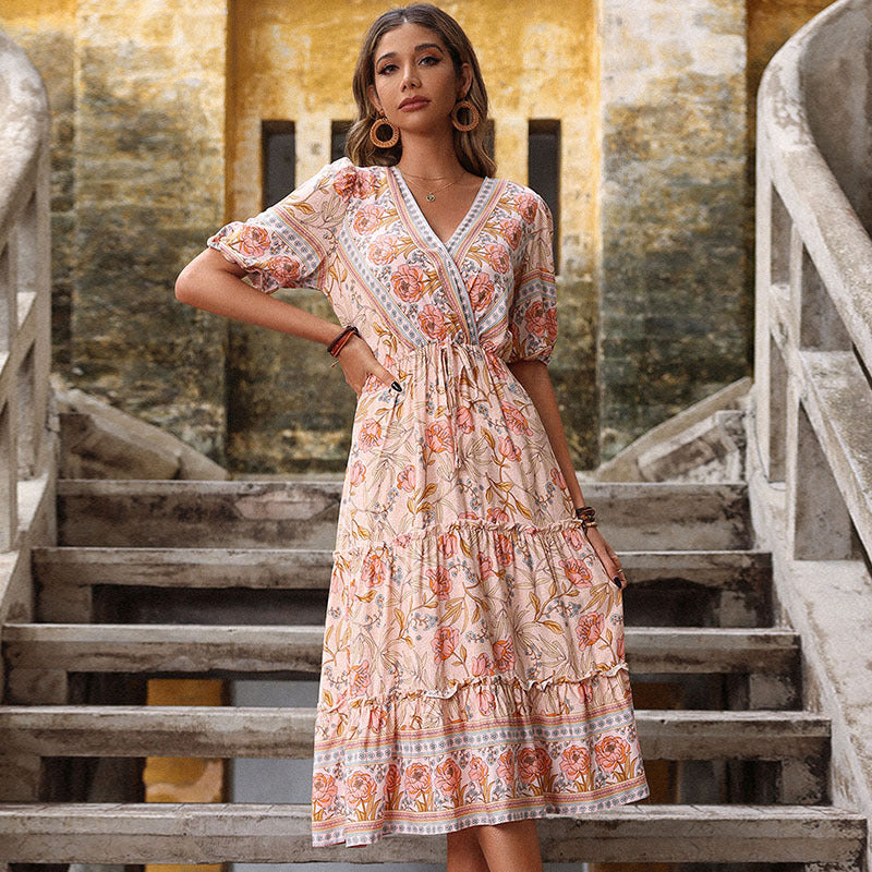 Damen Maxikleid mit floralen Mustern und Rüschen Drune