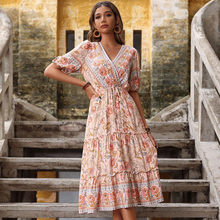 Damen Maxikleid mit floralen Mustern und Rüschen Drune