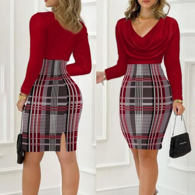 Damen Figurbetontes Kleid mit asymmetrischem Schnitt und Karomuster Drune