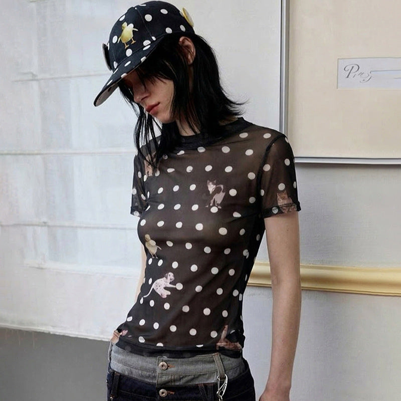 Damen Figurbetontes Polka-Dot T-Shirt mit verspieltem Tierdesign Drune