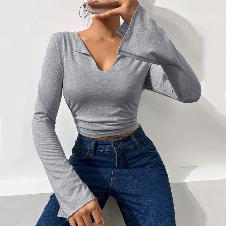 Damen Cropped Langarmshirt mit modischen Trompetenärmeln und elegantem V-Ausschnitt Drune