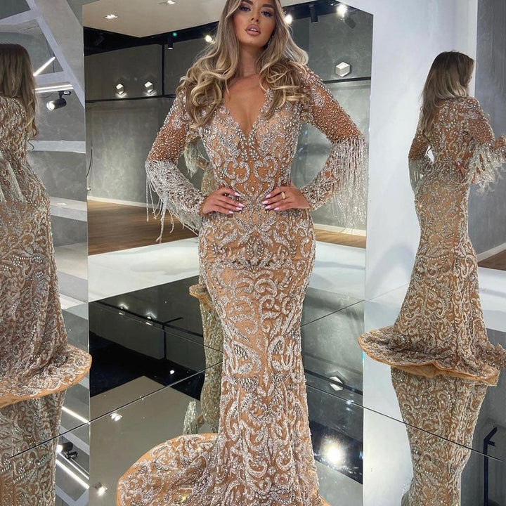 Drune | Meerjungfrau Pailletten Fransen Elegantes Langes Kleid