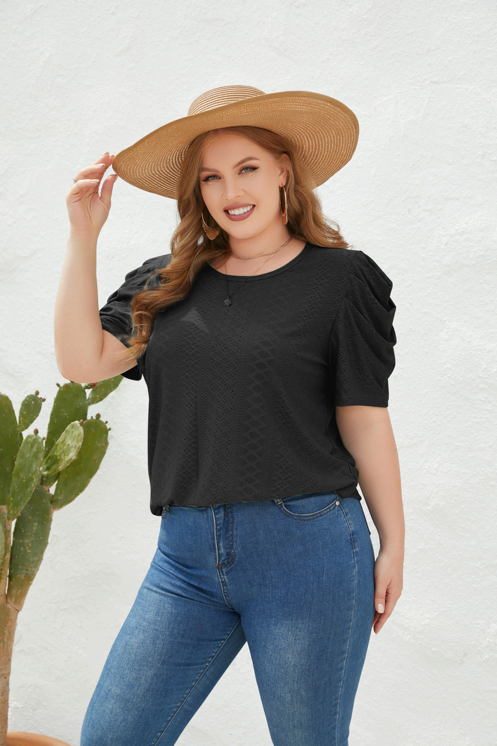 Damen Elegantes Blusenshirt mit Puffärmeln und Strukturmuster Drune