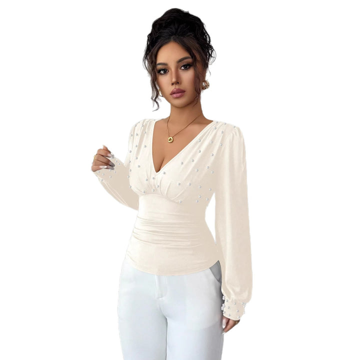 Damen elegantes Blusenshirt mit V-Ausschnitt und Verzierung Drune